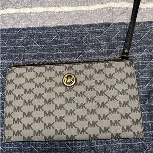 Michael Kors Black Logo-Print Zip Wristlet with Gold Hardware